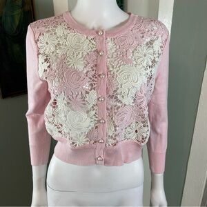 Karl Lagerfeld Pink White Floral Embroidered Lace Cardigan Sheer Sweater Small S
